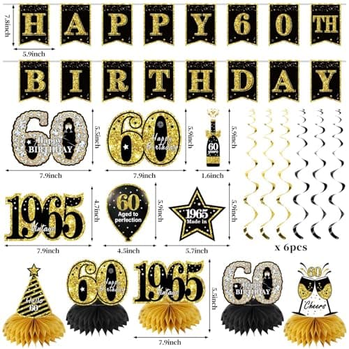 Zirtorei 60th Birthday Decorations for Men, 21pcs Vintage 1965 Banner Party Supplies, Black Gold 60 Year Old Birthday Backdrop, 60 Birthday Honeycomb Centerpiece Hanging Swirls Balloon Sash Gifts
