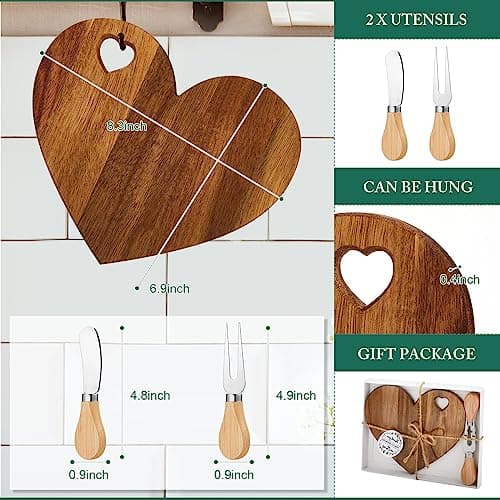 Patelai 12 Set Bridal Shower Favor Heart Cheese Board Cheese Knives Wood Mini Charcuterie Board Thank You Gift Box for Guest Bridal Baby Shower Prize Wedding Birthday Valentines (Acacia Color)