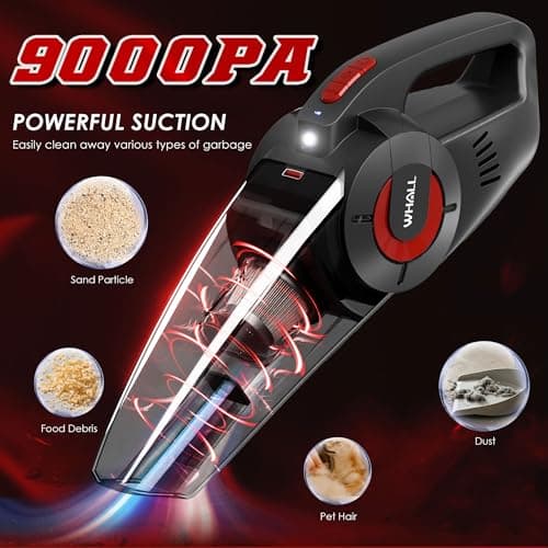 whall Handheld Cordless Car Vacuums, Wet and Dry Use 9000Pa Strong Suction Vacuums, Rechargeable Portable Vacuum Cleaner with LED, Charging Dock, Lightweight Mini Vacuum for Car, Home and Office, Red