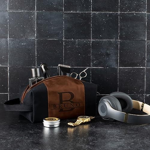 GIFTBYGIFTY Toiletry Bag for Men Personalized, Laser Engraved Initial & Name on Leather, Custom 4 Canvas Colors - Gift for Husband, Dad, Boy Friend, Handcrafted Travel Bag, Waterproof Shaving Dopp Kit