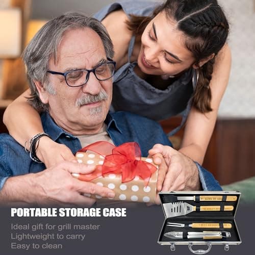 Grandpa Gifts from Grandkids, Fathers Day Grandpa Gift Heavy Duty Wooden BBQ Grilling Accessories Kit for Backyard, Thick Stainless Steel Grill Utensils with Non-Slip Handle Tools in Portable Bag