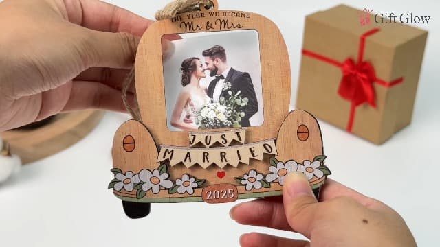 Just Married Personalized Christmas Ornaments - Wedding Gifts for Couples 2025, Bridal Shower Gift for Bride, Custom Wooden Ornaments with Picture, Newly Wed Gifts for The Couple Mr and Mrs Engagement