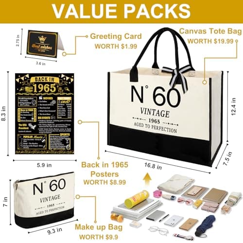 60th Birthday Gifts for Women Canvas Tote Bag Travel Gear, Unique 60 Years Old Gifts for Her Wife Sister Mom Aunt Friends, Vintage N60 Handbag & Cosmetic Bag & Back in 1965 Poster