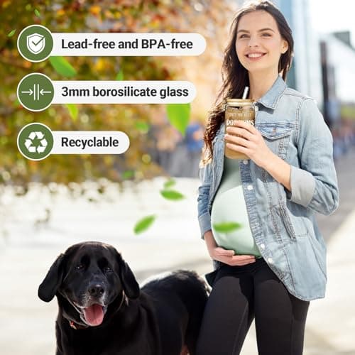 New Mom Gifts for Pregnant Women, 16oz Drinking Glass Cup with Lid and Straw, Funny Dog Mom Pregnancy Gift for Expecting Mom, Mother to be - Postpartum, Mothers Day, Birthday Gifts for First Time Moms