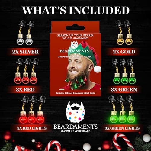Beard Lights - Light-Up Beard Ornaments for Men - Colorful Christmas Beard Baubles with Easy Clip Attachment - Funny Christmas Ornaments - 16pc