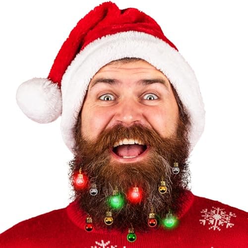 Beard Lights - Light-Up Beard Ornaments for Men - Colorful Christmas Beard Baubles with Easy Clip Attachment - Funny Christmas Ornaments - 16pc