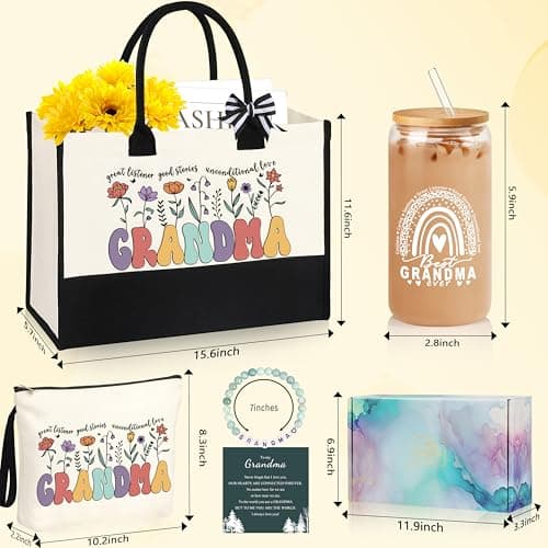 Grandma Gifts for Birthday Tote Bag Grandma Gifts Set from Granddaughter Grandson Grandchildren Grandkids Best Grandma Gifts Basket Tote Bag Makeup Bag 16 Oz Can Glass Bead Bracelet