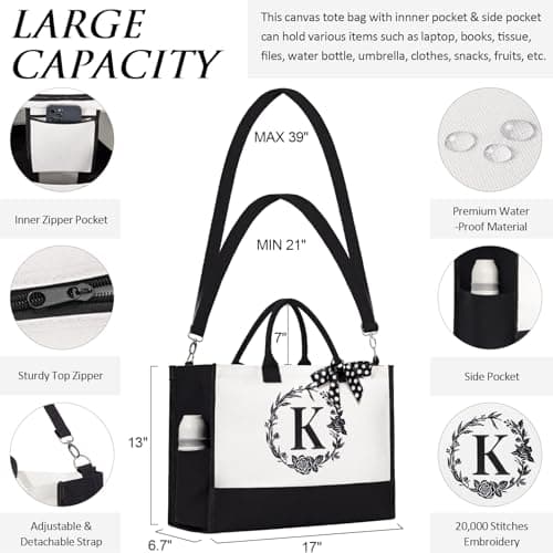 Personalized Christmas Gifts for Women, Initial Canvas Tote Bag & Makeup Bag Monogrammed Beach Tote Bags for Women w/Zipper, Birthday Gifts for Mom Her Sister Friend Girlfriend Wife Daughter Teacher