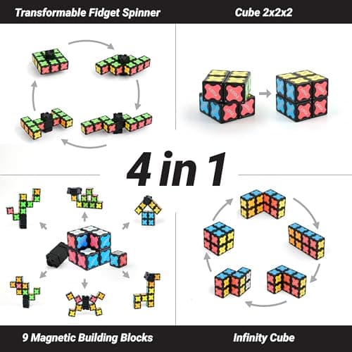 TOSY Magnet Fidget Spinner Mini - 8 Blocks, 3 in 1 Toy: Transformable Fidget Spinner, Infinity Cube, 2x2 Puzzle Cube, Christmas Stocking Stuffers Gift for Kids/Adults, STEM Sensory Stress Relief Toy