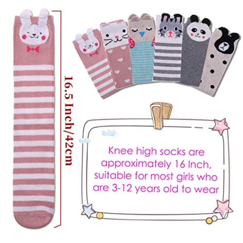 FNOVCO Girls Knee High Socks Kids Crazy Fun Gift Cute Animal Patterns Cotton Long Socks 6 Pairs
