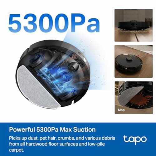 Tapo Ultra-Slim LiDAR Smart Navigation Robot Vacuum and Mop with Self-Emptying Dock, 5300Pa Max, 97%+ Dust Pickup Rate, Self-Charging, Compatible with Alexa & Google Home, RV20 Max Plus