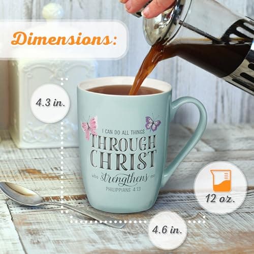 Christian Art Gifts Inspirational Microwave/Dishwasher Safe Ceramic Coffee & Tea Scripture Mug for Women: All Things Through Christ Encouraging Bible Verse, Cute Butterflies, Light Blue/White, 12 oz.