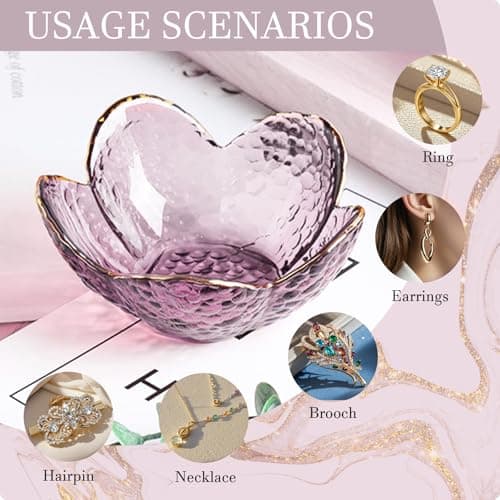 Purple Flower Jewelry Dish Glass Ring Dish Jewelry Tray Cute Vanity Organiser Room Decor Aesthetic Nightstand Bathroom Decor Trinket Dish Ring Holder Valentine's Friendship Birthday Gifts for Women