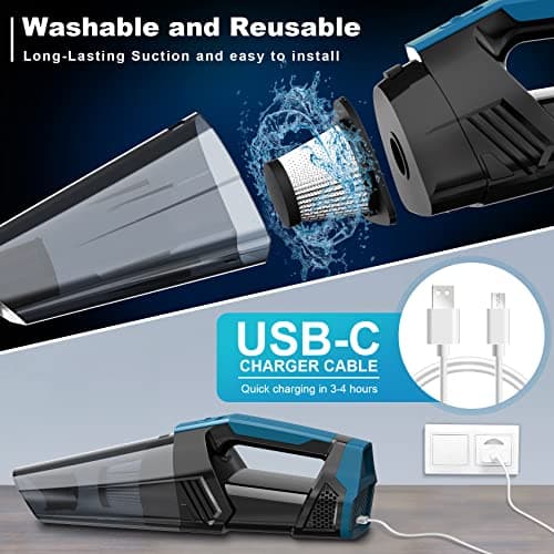Cordless Car Vacuum Lightweight High Power Handheld Vacuum Cleaner with LED Light, Hand Vacuum for Car Home Office and Pet Hair, BlackBlue