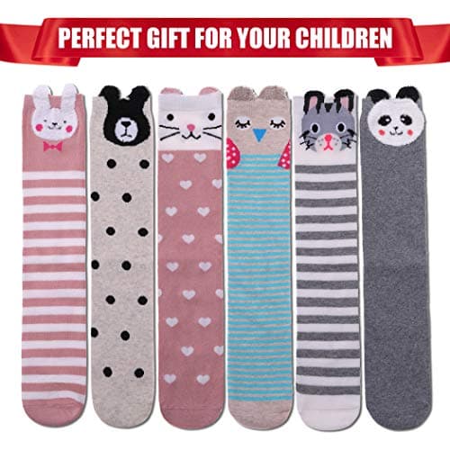 FNOVCO Girls Knee High Socks Kids Crazy Fun Gift Cute Animal Patterns Cotton Long Socks 6 Pairs