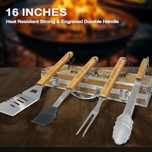 Grandpa Gifts from Grandkids, Fathers Day Grandpa Gift Heavy Duty Wooden BBQ Grilling Accessories Kit for Backyard, Thick Stainless Steel Grill Utensils with Non-Slip Handle Tools in Portable Bag