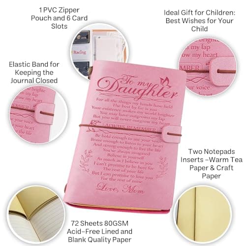 Daughter Gift from Mom, To My Daughter Leather Journal, 140 Page Refillable Writing Journal, Christmas Birthday Gifts for Daughter from Mom, Mother Daughter Gifts for Adults Daughter(Pink)