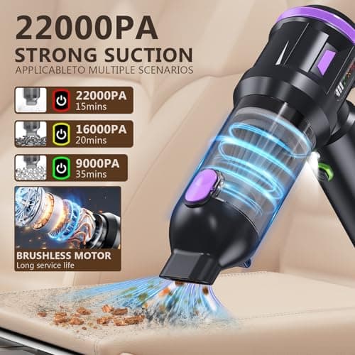 22000PA High Power Cordless Handheld Vacuum & Car Vacuum Cleaner, 4-in-1 Air Duster & Inflator with Brushless Motor, USB-C Charging, LED Light, for Home, Car, Pet, Black Purple