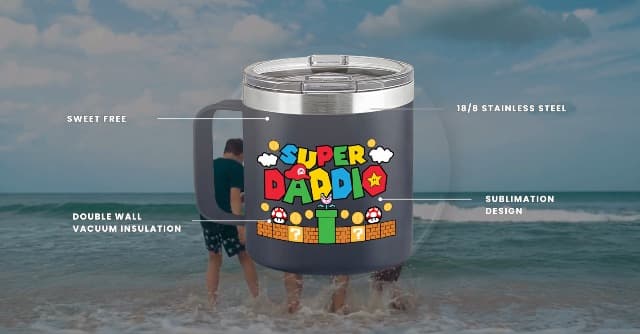 Gossby 14oz Super Daddio Travel Coffee Mug Tumbler - No. 1 Dad Nutrition Facts - Christmas, Fathers Day, Birthday Gift for Dad from Daughter Son Kid - Insulated Stainless Steel Cup with Handle