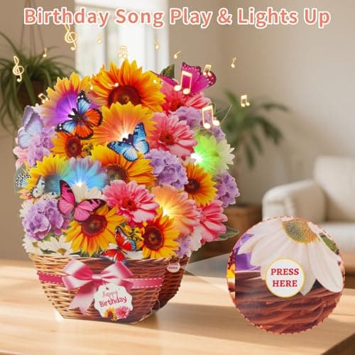 Birthday Cards with MUSIC & LIGHTS, Pop Up Happy Birthday Card, Sunflower & Butterfly, 10 Inch Life Sized Forever Flower Bouquet Gifts for Women Mom Grandma
