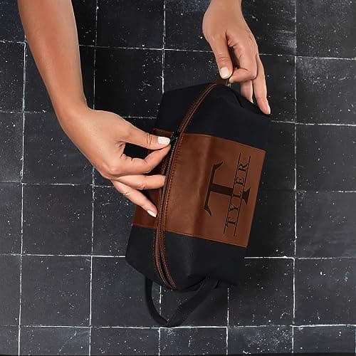 GIFTBYGIFTY Toiletry Bag for Men Personalized, Laser Engraved Initial & Name on Leather, Custom 4 Canvas Colors - Gift for Husband, Dad, Boy Friend, Handcrafted Travel Bag, Waterproof Shaving Dopp Kit