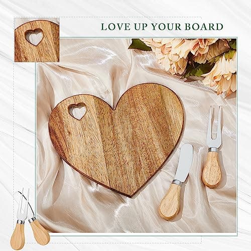 Patelai 12 Set Bridal Shower Favor Heart Cheese Board Cheese Knives Wood Mini Charcuterie Board Thank You Gift Box for Guest Bridal Baby Shower Prize Wedding Birthday Valentines (Acacia Color)