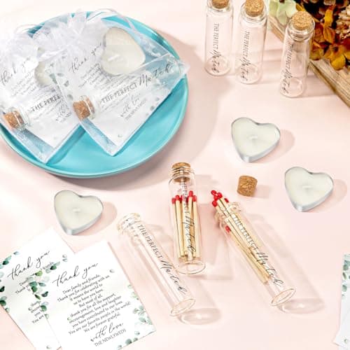 50 Sets Wedding Party Favors for Guests Bulk Including Mini Heart Shaped Candles and Empty Matches Jars with Cork Top Thank You Cards and Organza Bags for Wedding Bridal Shower Party Souvenir