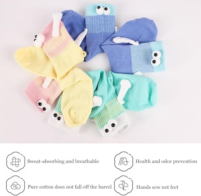 HOZMSA 3 Pair Hand Holding Socks, Funny 3D Doll Magnetic Sock Holding Hand Socks, Cute Mid-Tube Magnetic Gifts for Friend Couple B