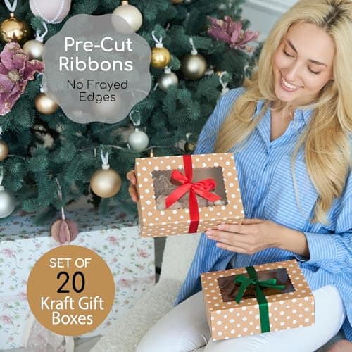 Brown Kraft Cookie Boxes with Ribbons & Window (20 Pack) 8.3 x 6 x 2.8” Food Grade Cardboard Bakery Gift Boxes for Christmas Gift Giving, Baked Goods, Candy Treats, Decorative Holiday Packaging, Empty