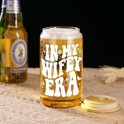 Fairy's Gift Wifey Era Cup, Wedding, Bride Gifts for Her, Bridal Shower, Engagement Gifts for Women, Couples, 16 oz Coffee Glass Cups w/Lids Straws, Bachelorette Presents for Bride to be, Future Mrs