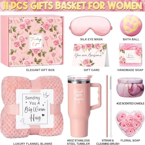 Birthday Gifts for Women Self Care Gifts Get Well Soon Gifts, Rose Relaxing Spa Gifts Basket Care Package w/ Luxury Flannel Blanket 40 oz Tumbler, Mothers Day Gifts for Mom Her Wife Girlfriend Sister
