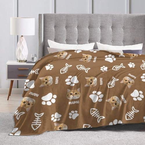 Personalized Cat Face Blanket Throws with Photos, Custom Pet Face Blanket, Cat Gifts for Pet Lovers, Customized Puppy Blanket for Adult Kid Birthday Christmas Fathers Mothers Valentines Gift