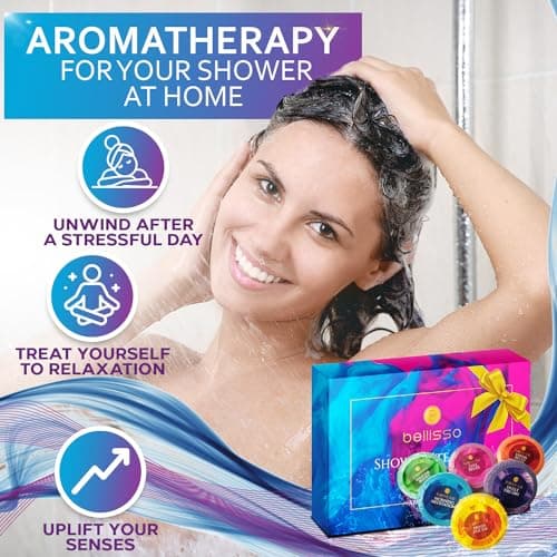 Aromatherapy Shower Steamers Gift Set, Six Fizzies - Uplifting, Relaxing, Stress Relief Scents for Women and Men - Self Care Home Spa Experience - Christmas Day Stocking Stuffers and Relaxation Gifts
