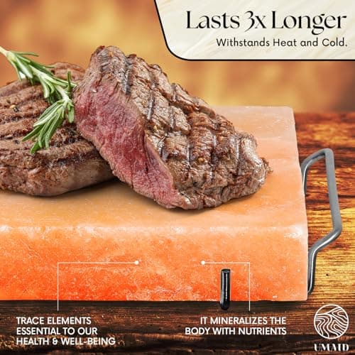 UMAID Himalayan Salt Block For Grilling, Cooking, Cutting and Serving,12X8X1.5 Food Grade Himalayan Pink Salt Stone on Stainless Steel Plate & Recipe Booklet, Unique Gifts for Men, Women, Chef, Cooks