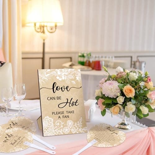 Roowest 101 Pcs Wedding Fans Gifts for Guests 100 Pcs Wedding Hand Plastic Fans and a Table Sign for Bridal Shower Party Favor Appreciation(Wood,Retro Lace)