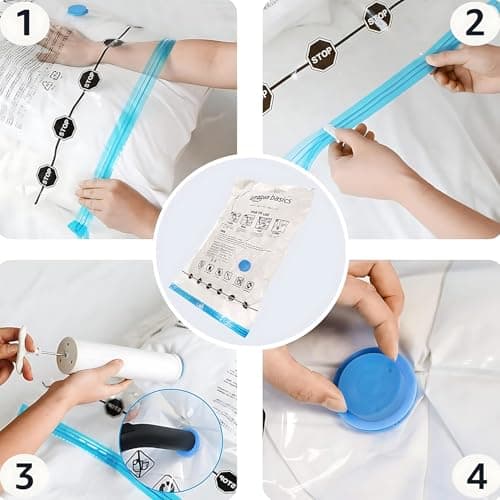 Amazon Basics Vacuum Compression Zipper Storage Bags With Hand Pump, Medium, Clear, 5-Pack, White, Sky Blue