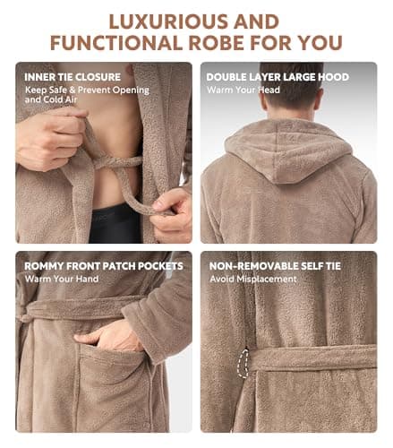 DAVID ARCHY Men's Hooded Robe Soft Coral Fleece Microfiber Bathrobe