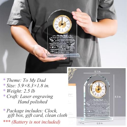 YWHL To My Dad Clock Gifts from Daughter Son, Laser Engraving Glass Clock Gift for Father‘s Day, Birthday Gifts for Dad Who Wants Nothing, Meaningful Keepsake Present for Father (Battery not Included)