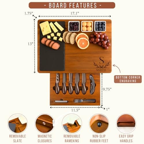 Personalized Acacia Wood Charcuterie Board Set with Stainless Steel Knives – Custom Cheese Board Gift for Wedding, Christmas, Housewarming, Bridal Shower, Anniversary, Women and Couples, Gifts for Her