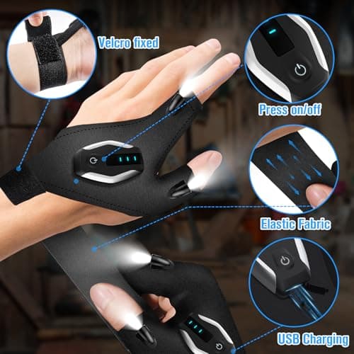 Stocking Stuffers Gifts for Men LED Flashlight Gloves, Mens Gifts for Christmas Anniversary Birthday Gifts for Men Dad Husband Him Husband, Camping Essentials Cool Gadgets Tools for Fishing Repairing