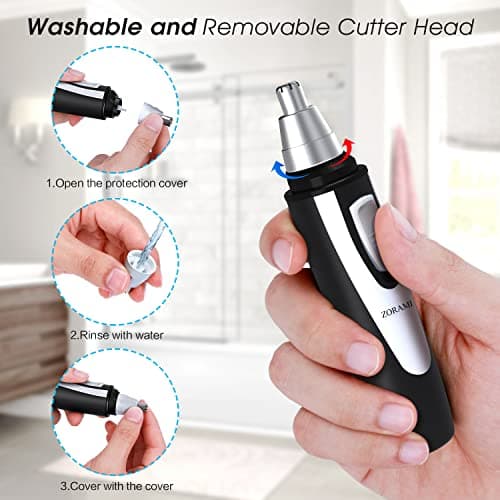 ZORAMI Ear and Nose Hair Trimmer Clipper - 2025 Professional Painless Eyebrow & Facial Hair Trimmer for Men Women, Battery-Operated Trimmer with IPX7 Waterproof, Dual Edge Blades for Easy Cleansing Black