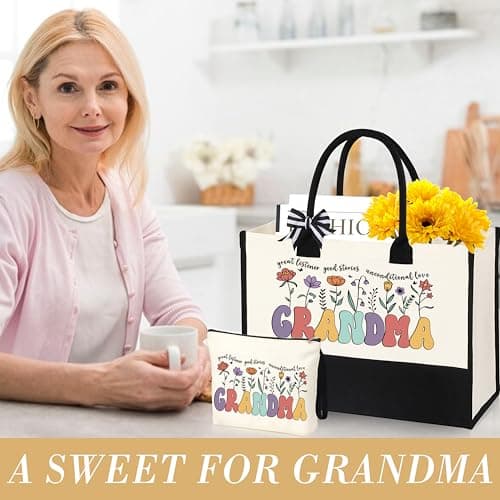 Grandma Gifts for Birthday Tote Bag Grandma Gifts Set from Granddaughter Grandson Grandchildren Grandkids Best Grandma Gifts Basket Tote Bag Makeup Bag 16 Oz Can Glass Bead Bracelet