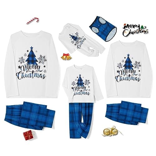Awoscut Christmas Family Matching Pajamas Sets Christmas PJ's Letter Print Top and Plaid Pants Jammies Sleepwear