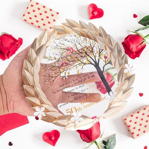 50th Anniversary Wedding Unique Gifts Ideas Crystal Plate with Gold Leaf Wreath - 50th Anniversary Wedding Gifts for Parents Couple - Cardinal Style