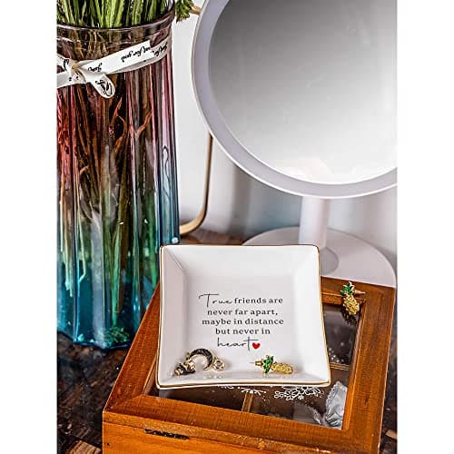 SUNBMO Good Friends Bestie Gifts for Her Ceramic Jewelry Trinket Dish - True Friends are Never Far Apart, Maybe in Distance but Never in Heart