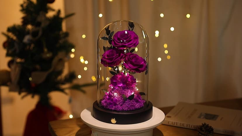 Christmas Flowers Roses Gifts for Mom,Forever Real Preserved Roses in Glass Dome,Christmas Anniversary Thanksgiving Gifts for Wife Girlfriend Women Best Friend Grandma/Purple Rose
