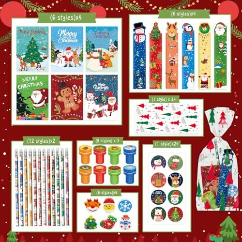 168 PCS Christmas Party Favors for Kids, 24-Pack Christmas Stationery Set for Stocking Stuffers, Christmas-Themed Classroom Gift Exchange Carnival Events Class Reward Gifts and Prizes