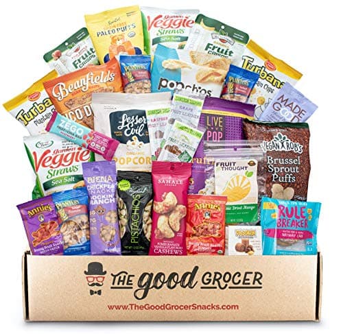 GLUTEN FREE and VEGAN (DAIRY and FIG FREE) Healthy Snacks Care Package (25 Ct): Cookies, Bars, Chips, Fruit, Nuts, Trail Mix, Gift Box Sampler, Office Variety, College Student Care Package, Gift Basket Alternative