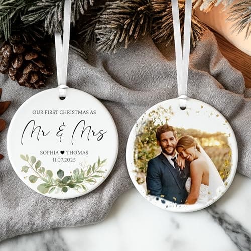 Personalized Our First Christmas as Mr and Mrs Double-Sided Ornament 2025, Custom Photo Ceramic Ornament, First Christmas Married Keepsake, Wedding Gift for Newlywed Couple