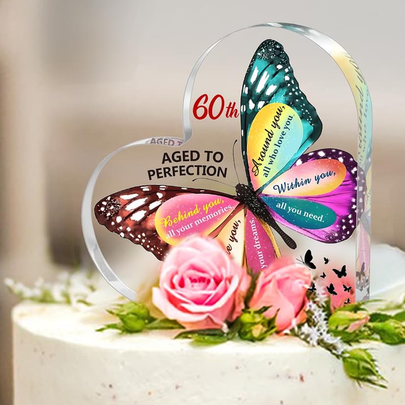 60th Birthday Gifts for Women Men, Acrylic Heart Cake Topper Birthday Decorations Presents, 60 Year Old Bday Gifts for Mom, Aunt, Grandma, Sister, Best Friends, Wife, Her